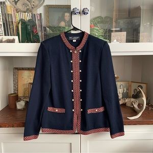 St. John Evening Marie Gray Navy Blue Knit Sweater preppy nautical Pearl button